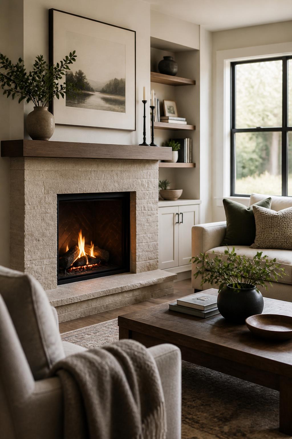 Cozy living room with a clean fireplace and tidy hearth