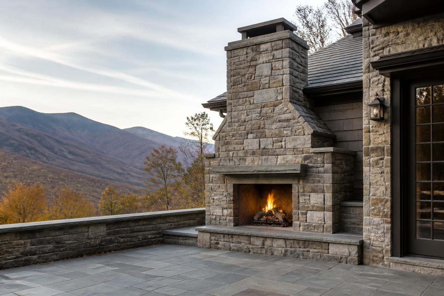Stone fireplace and chimney on a mountain home in natural light